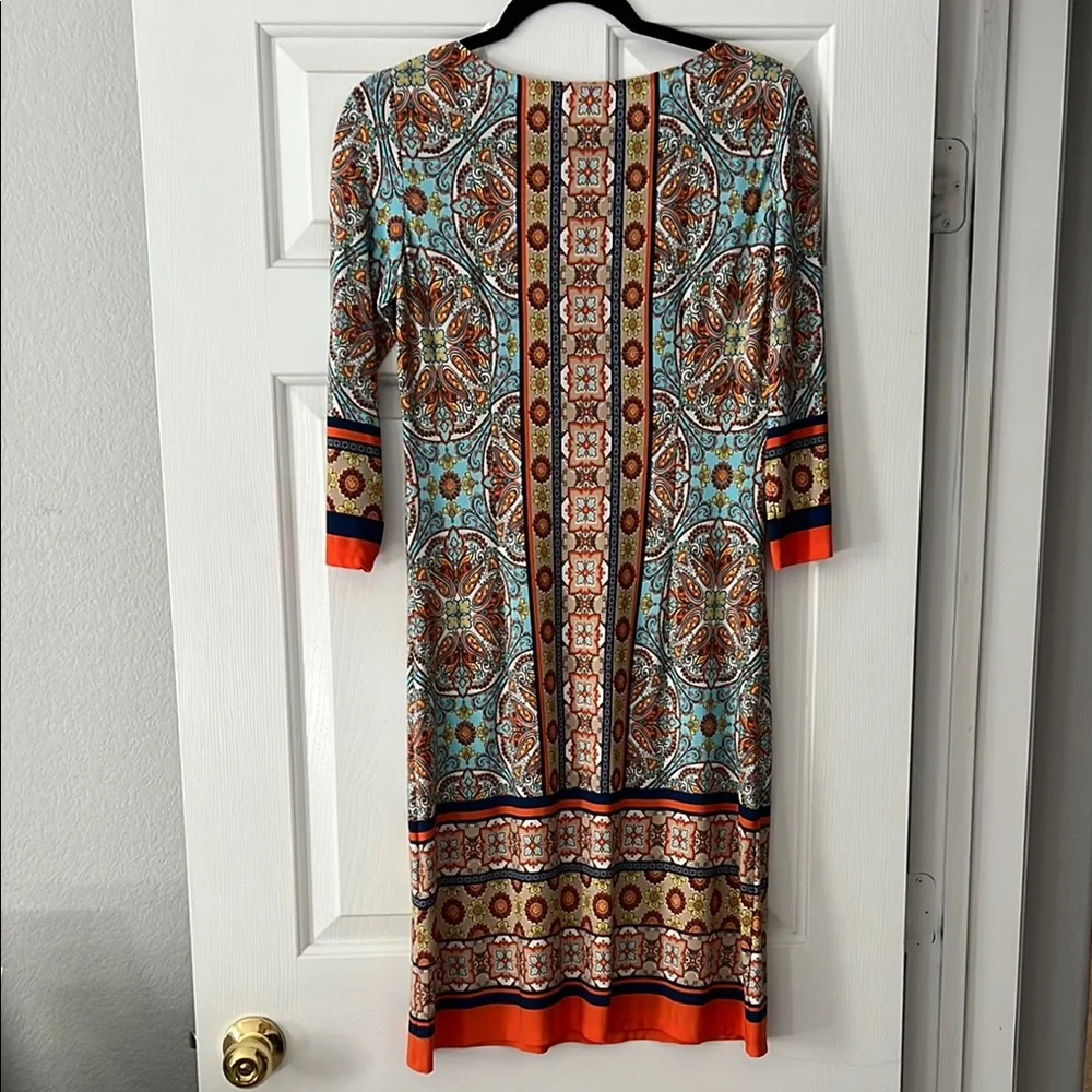 Vibrant London Times Blue and Orange Sheath Dress with Crew Neck - Picture 2 of 5